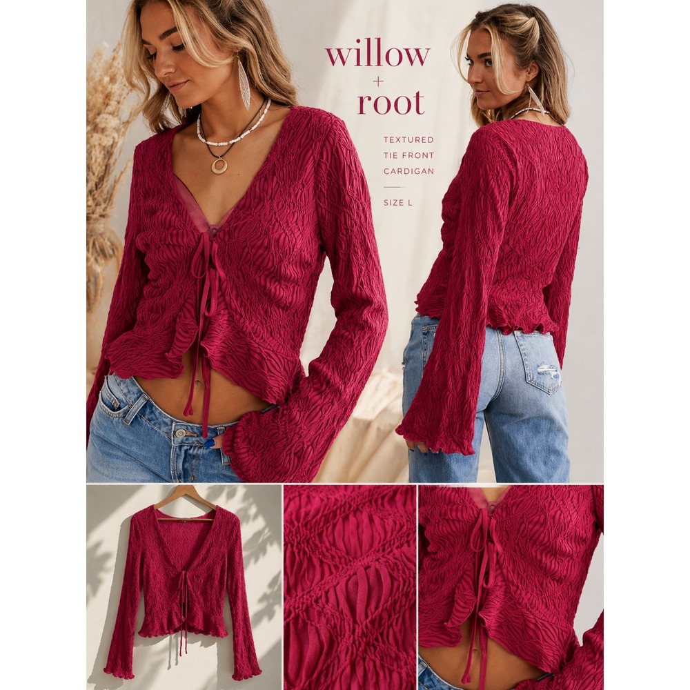 Willow + Root Textured Tie Front Cardigan Pink Coquette Fairycore Balletcore L